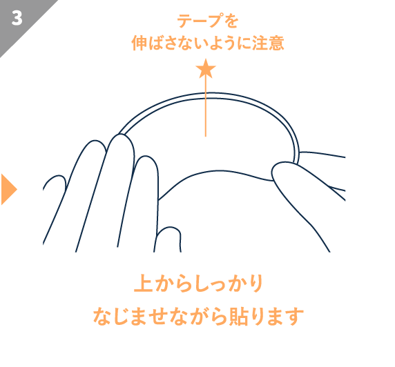 上からしっかりなじませながら貼ります。テープを伸ばさないように注意