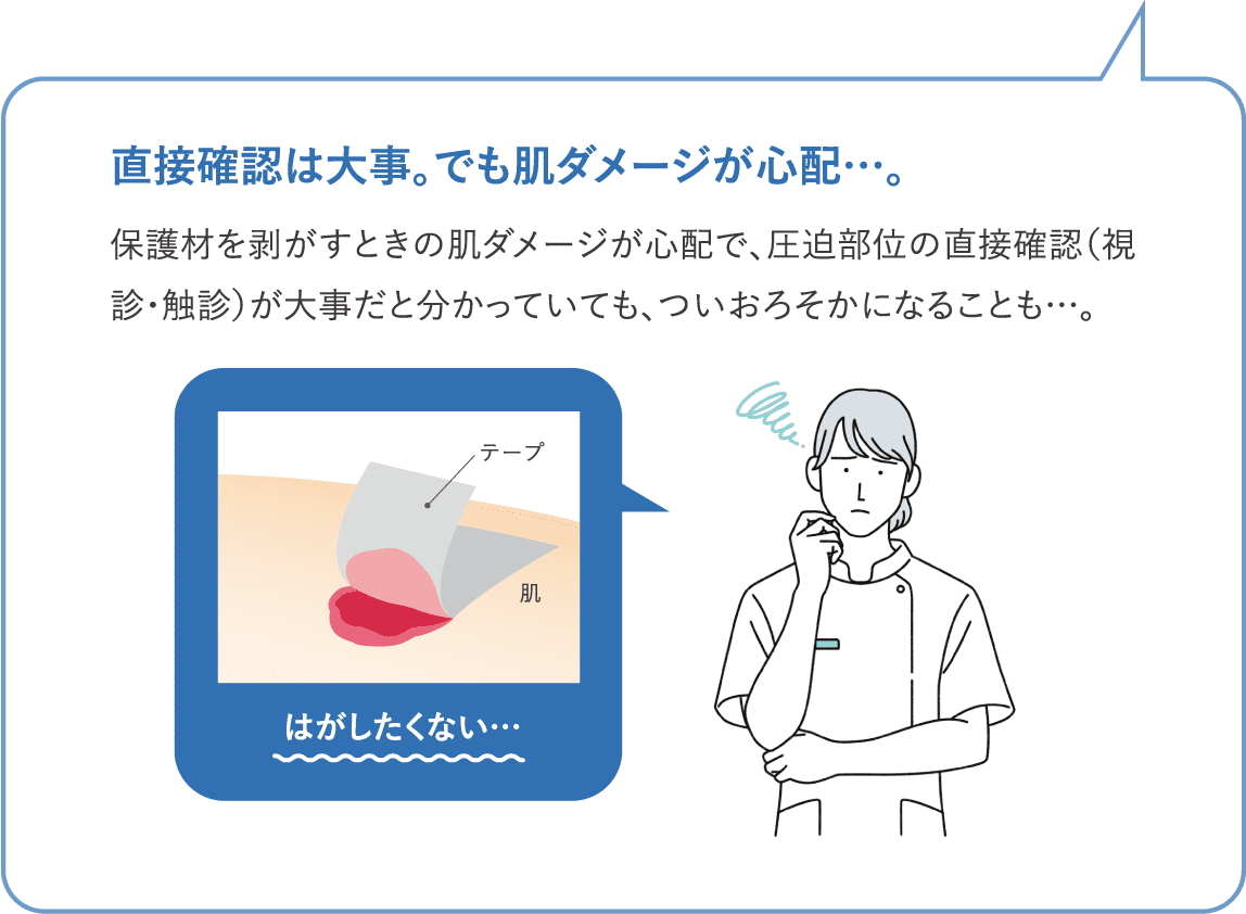 直接確認は大事。でも肌ダメージが心配…。保護材を剥がすときの肌ダメージが心配で、圧迫部位の直接確認（視診・触診）が大事だと分かっていても、ついおろそかになることも…。